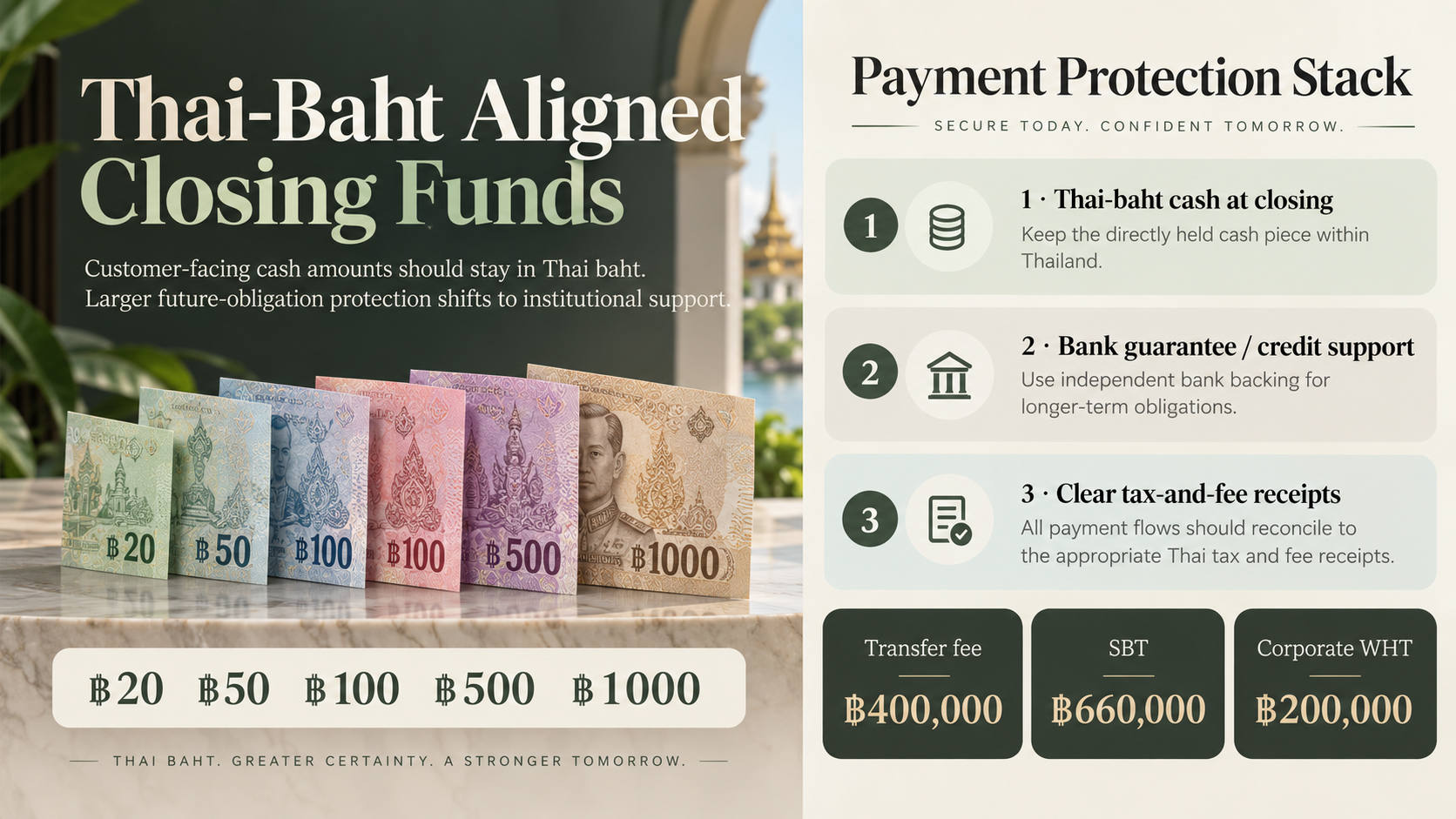 Thai-baht aligned closing funds and payment protection stack