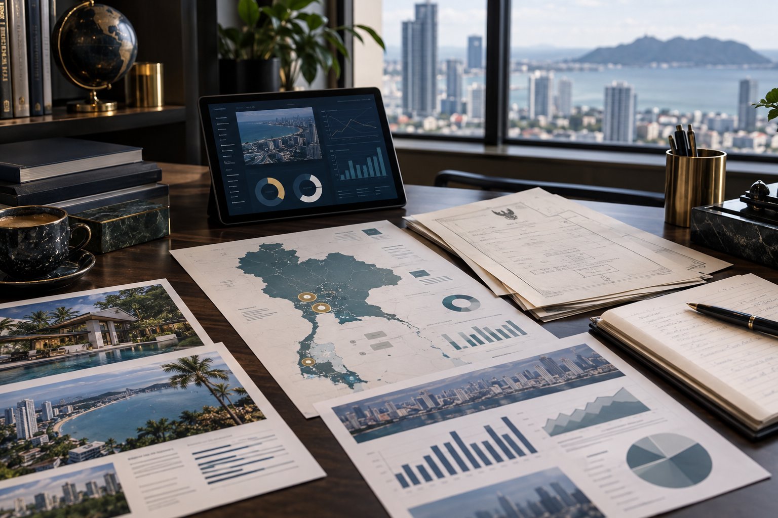 Thai property-market research desk with maps and data reports
